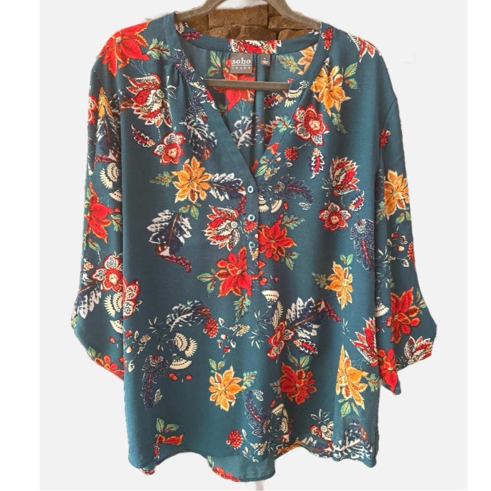 Soho Floral V-Neck Blouse in Teal with Red & Yellow Flowers